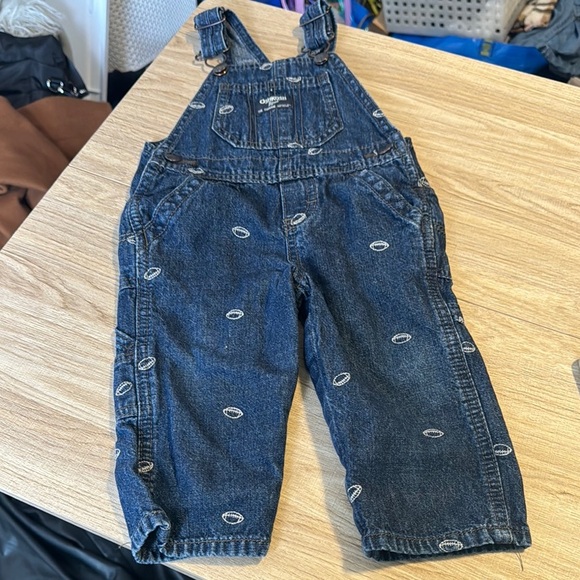 OshKosh B'gosh Blue Denim Overalls with Football Print 12 Months - Picture 1 of 6